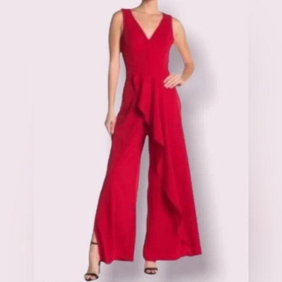 MARINA Pants - Marina Ruffled Sleeveless Jumpsuit in Red size 6